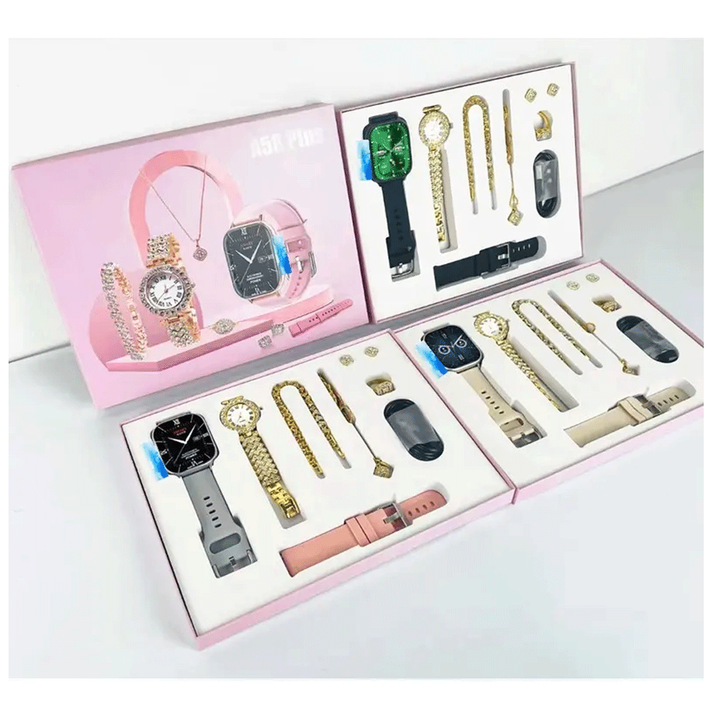 A58 Plus Womens Luxury Gold Watch Unique Gift Set Womens Gold Necklace Ring Double Band Womens Smart Watch A58 PLUS | Falak Store