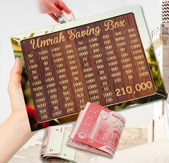 Umrah Saving Box 210000 – Acrylic/Wooden Money Box for Daily Savings | Hajj & Umrah Goal Chart | Islamic Gift Box for Ramadan & Eid Wooden Money Box I Money Saving Box I Gift Box I Money Box I Umrah Box I Umrah Money Saving Box I Umrah Money Box